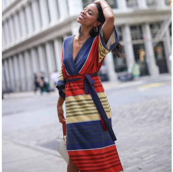 BCBG Maxazria Linen blend Multicolor Gaux Wrap with tie waist Maxi Dress - Picture 1 of 12